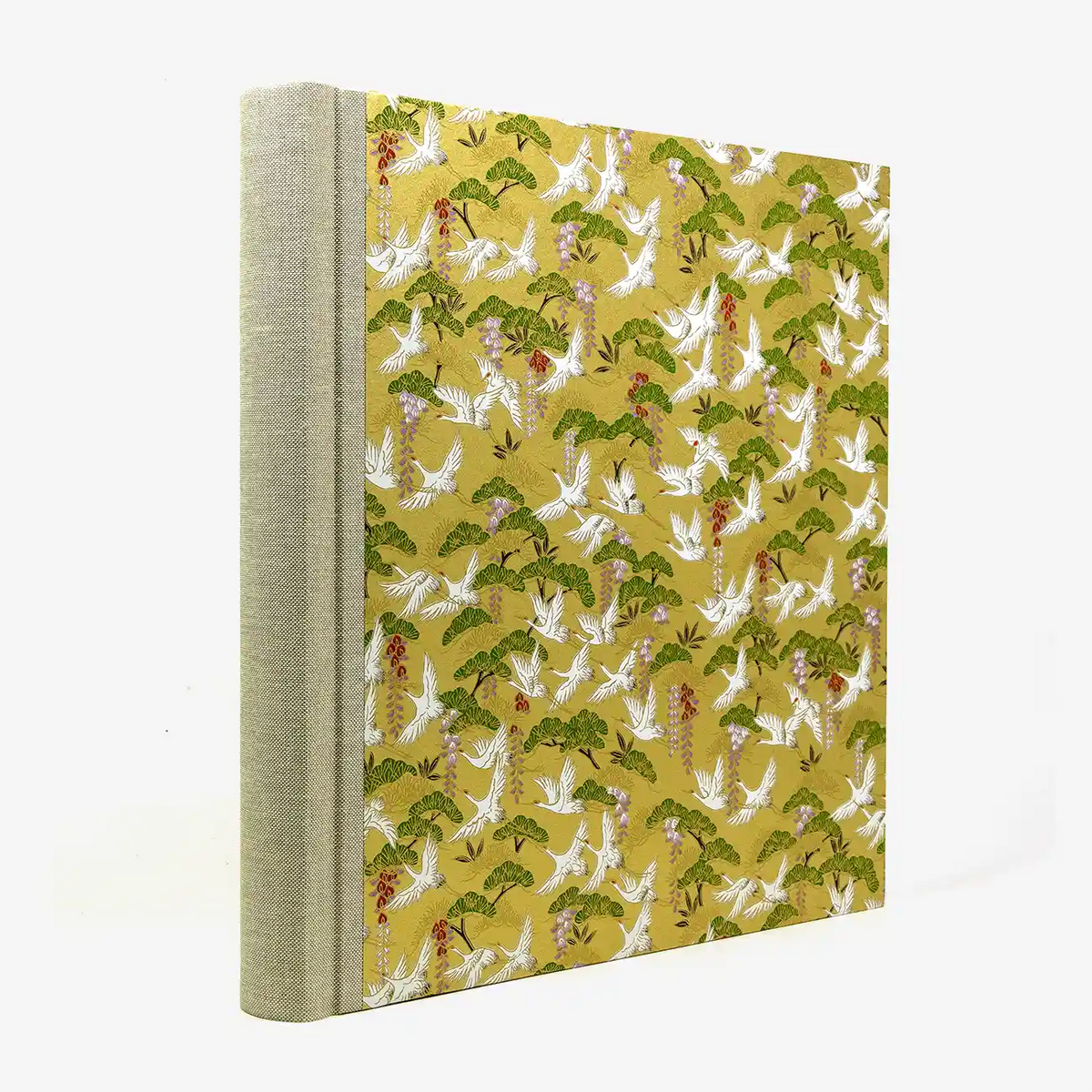 30x30cm-60Seiten-schwarz-Fotoalbum-cover-Chiyogami-Motiv-Kraniche-auf-Gold-seitlich-von-hinten