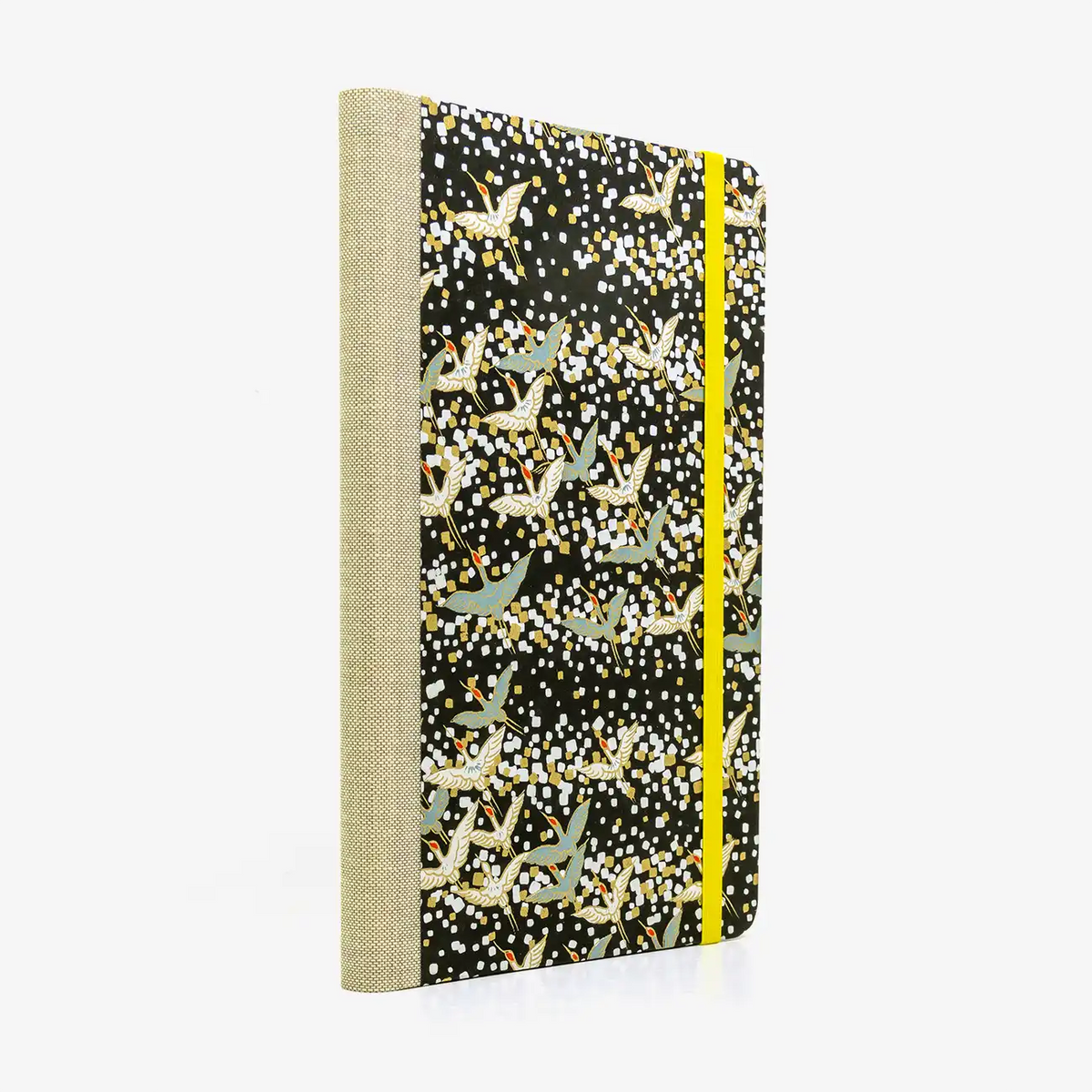 A5-dotted-small-chiyogami-cover-motiv-kranich-weiss-auf-Schwarz-seitlich-hinten