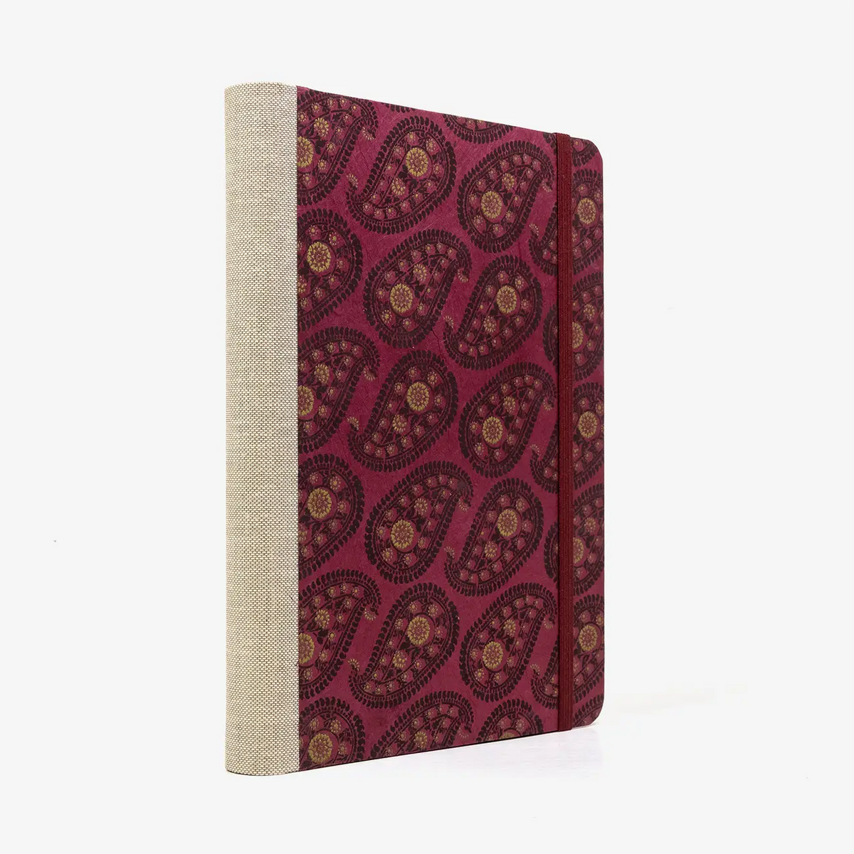 A5-liniertes-Notizbuch-244-Seiten-mit-Loktapapier-bezogen-motiv-Paisley-Muster-rot-seitlich-von-hinten