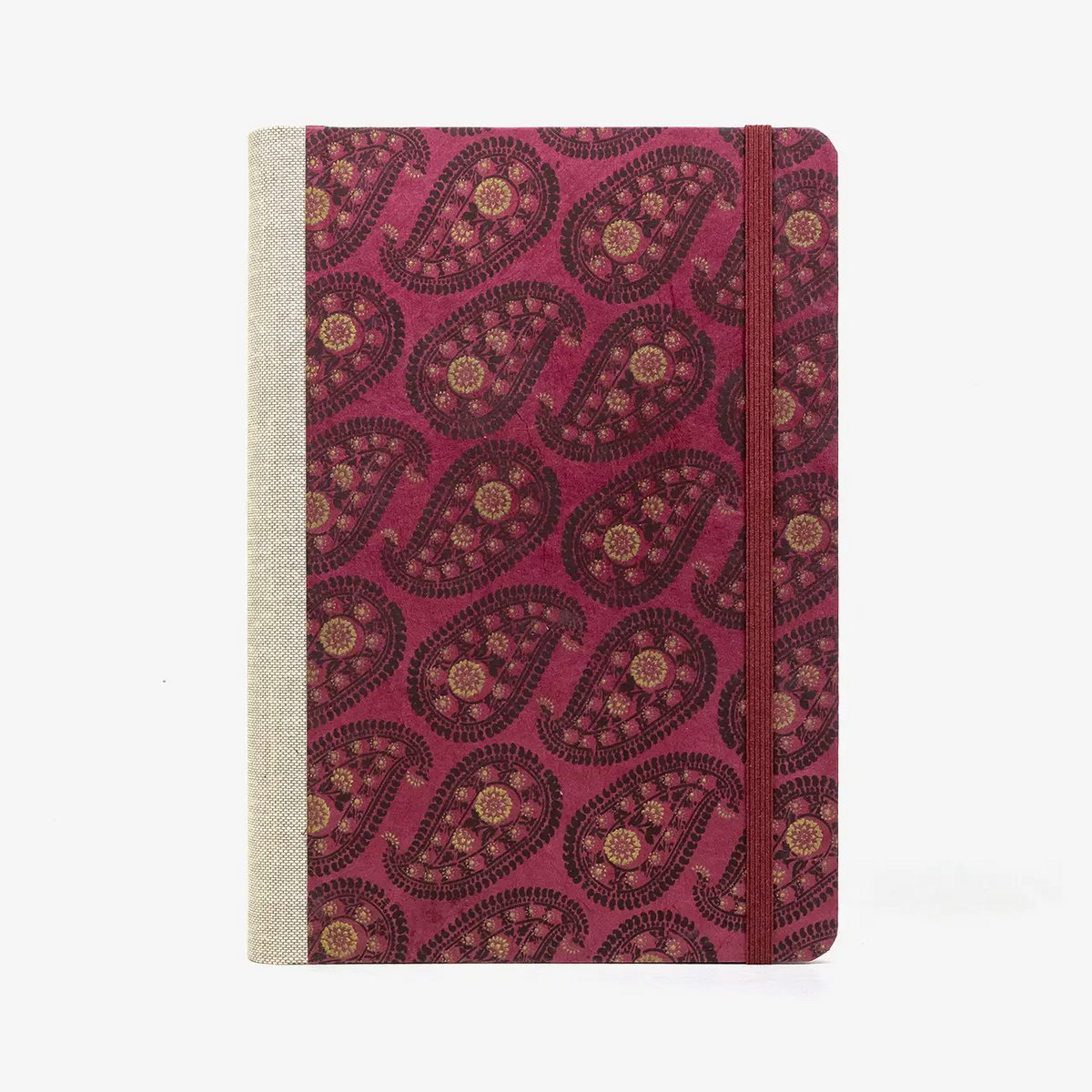 A5-liniertes-Notizbuch-244-Seiten-mit-Loktapapier-bezogen-motiv-Paisley-Muster-rot-von-vorn