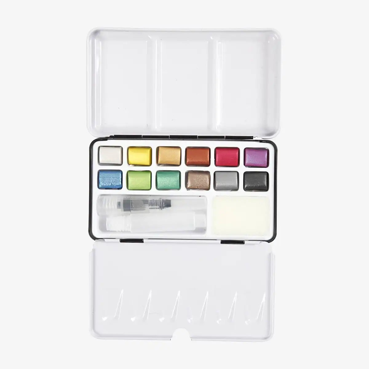 Aquarell-Metallic-FArbkaste-12-Farben-1Pinsel-1Schwam-im-Metallkasten-Kasten-aufgeklappt-Ansicht-1