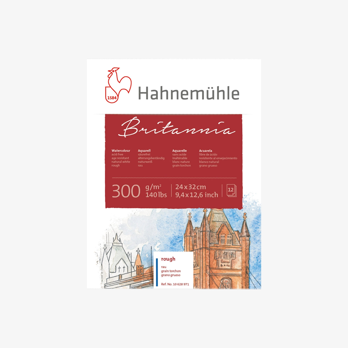 Britannia / Aquarellblock / 300g/m² / naturweiß / rau / grain torchon / 12 Blatt
