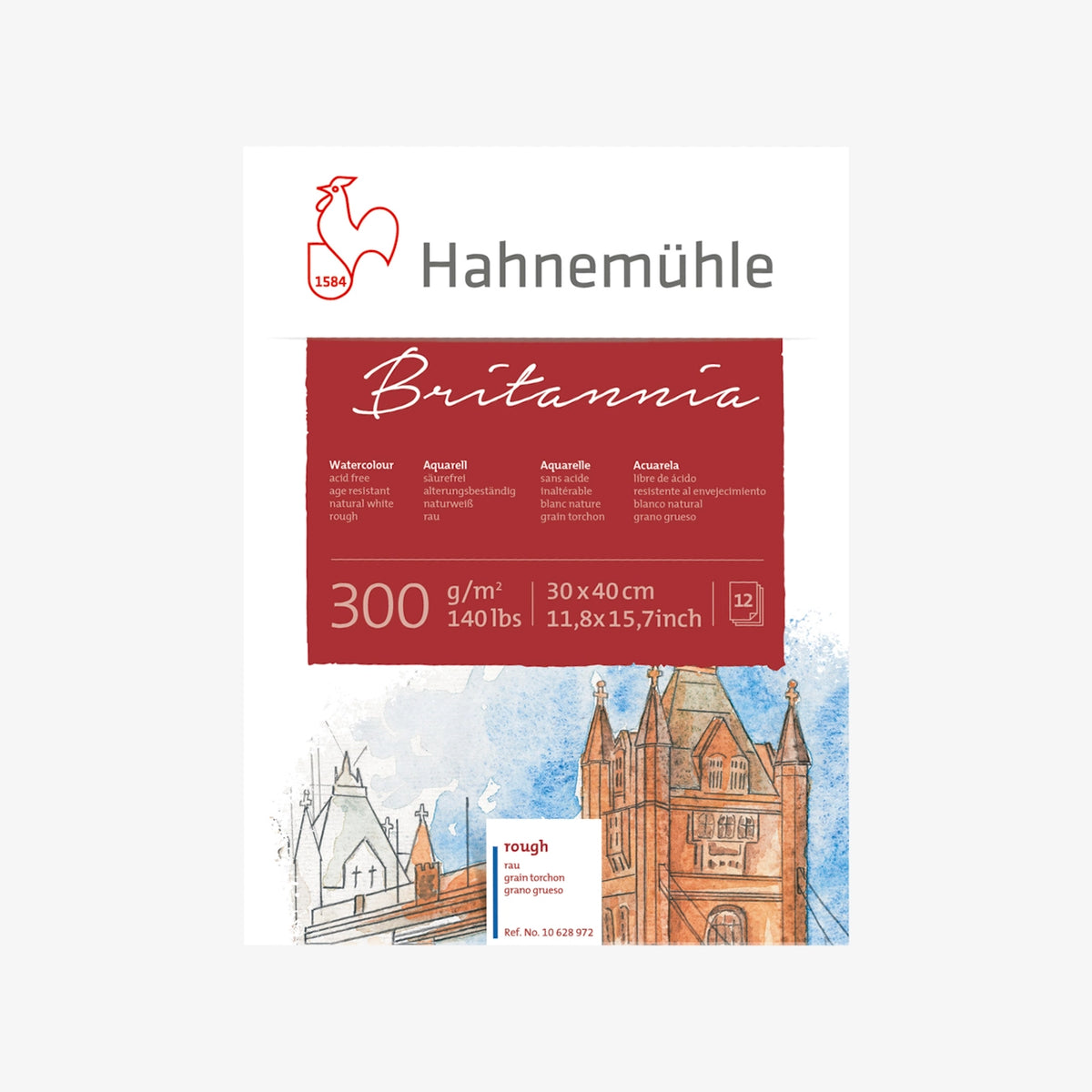 Britannia / Aquarellblock / 300g/m² / naturweiß / rau / grain torchon / 12 Blatt