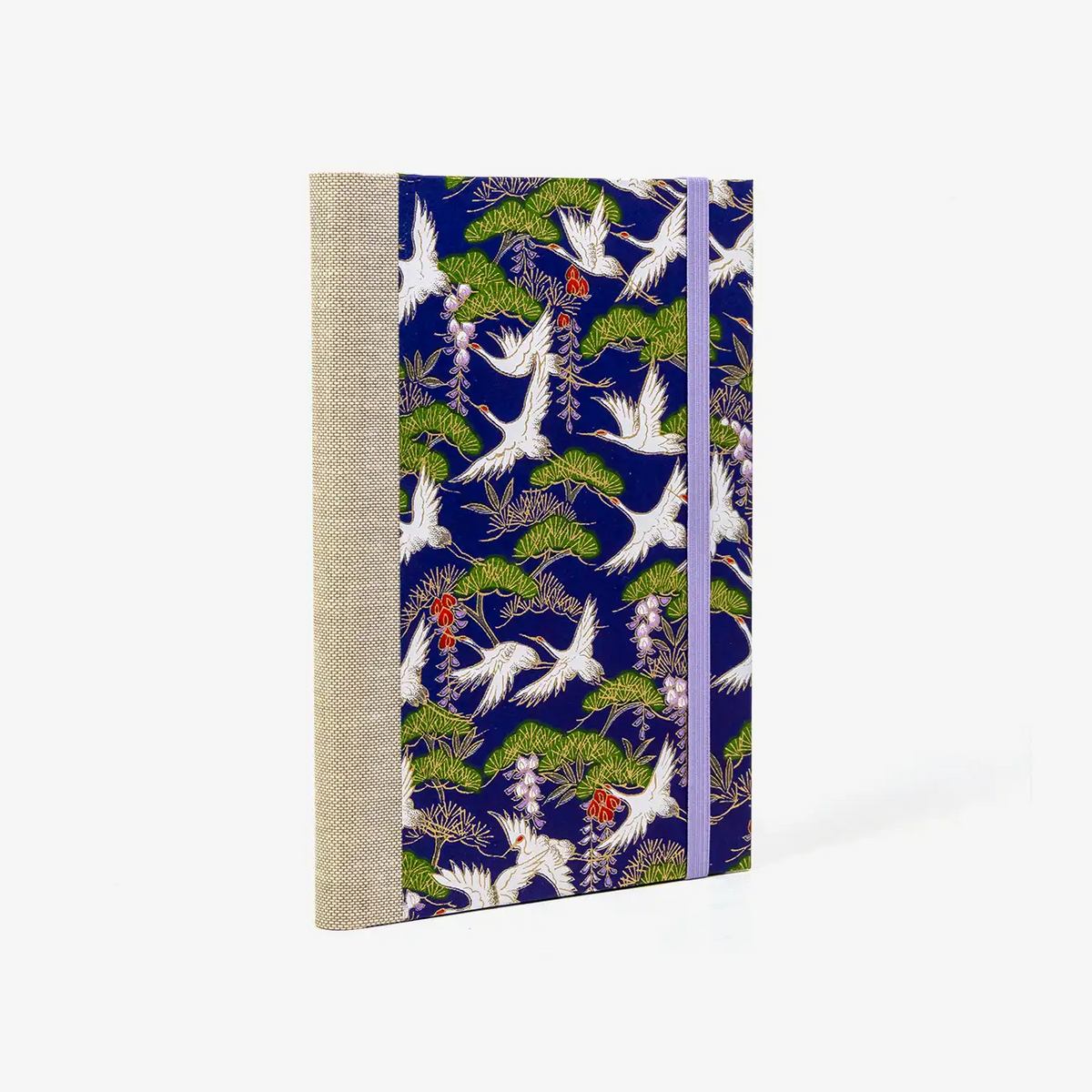 Aquarellskizzenbuch-17x12_2cm-32Seiten-100_Baumwolle-270g-mit-cover-Chiyogami-bezogen-Motiv-Kraniche weiß und Kiefern auf blau-cover-seitlich-hinten