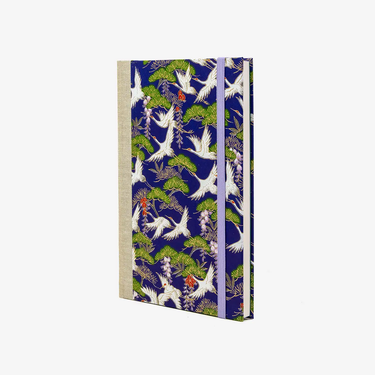 Aquarellskizzenbuch-17x12_2cm-32Seiten-100_Baumwolle-270g-mit-cover-Chiyogami-bezogen-Motiv-Kraniche weiß und Kiefern auf blau-cover-seitlich-vorn