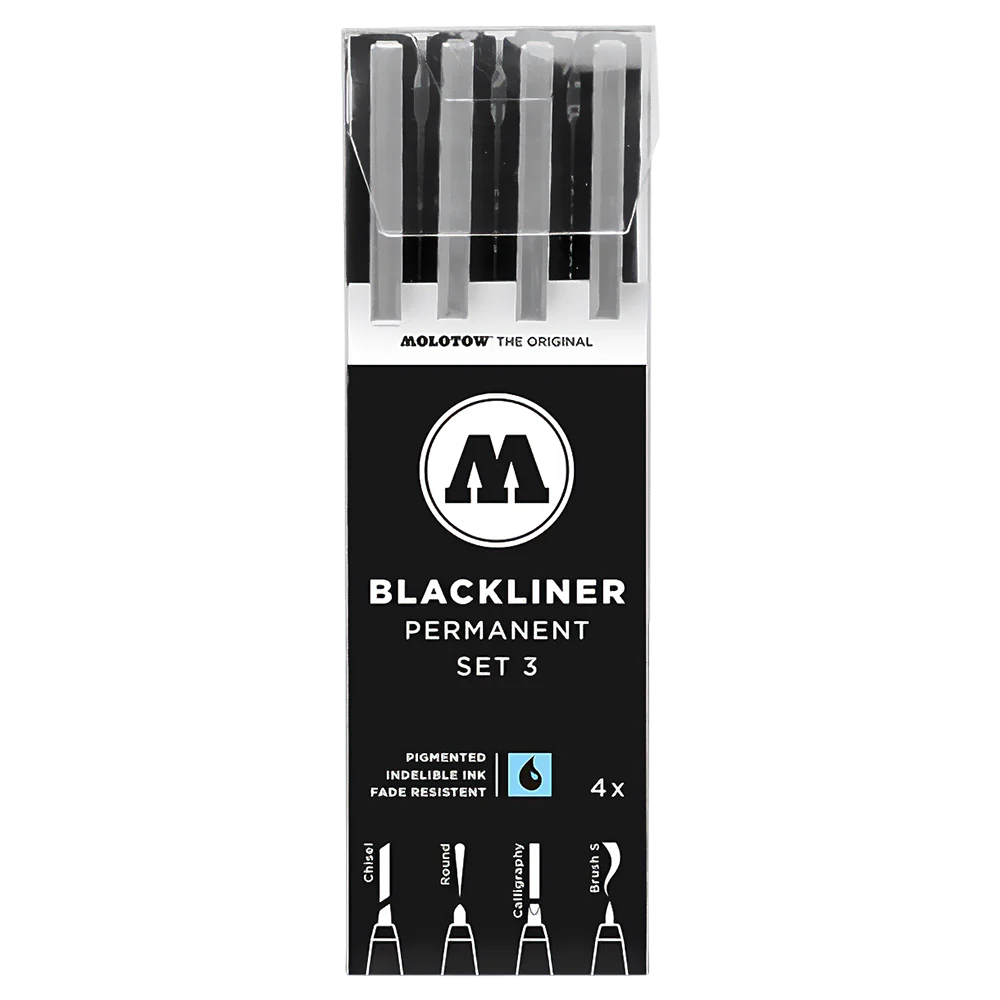 Molotow / Blackliner Set 3 / wasserfest / permanent /chisel/round/calligraphy/brush