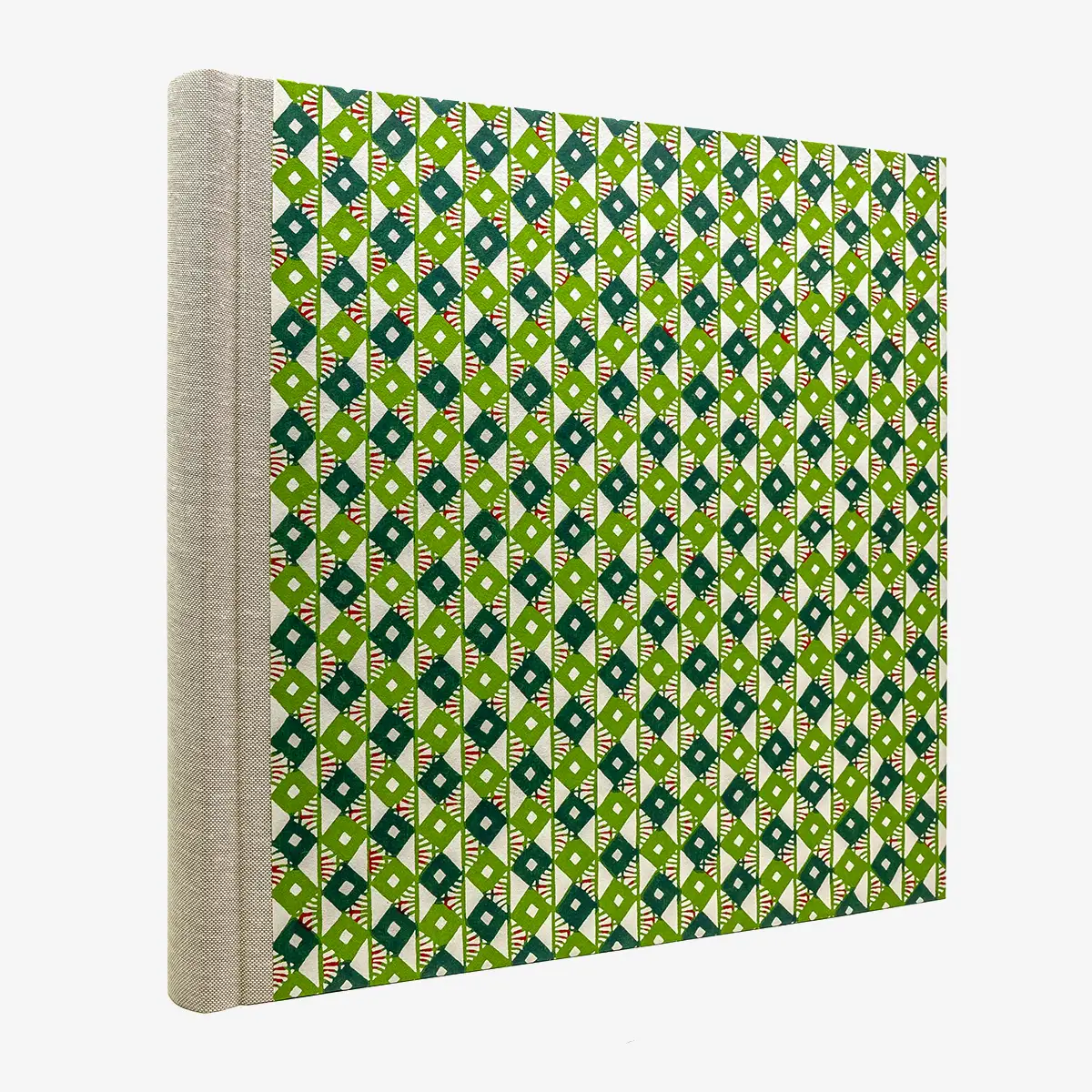 Blaupause-Fotoalbum-H30xB30cm-60-cremefarbene-Seiten-Motiv-Katazome-Shi-rautenmuster-Gruen-seitlich-von-hinten