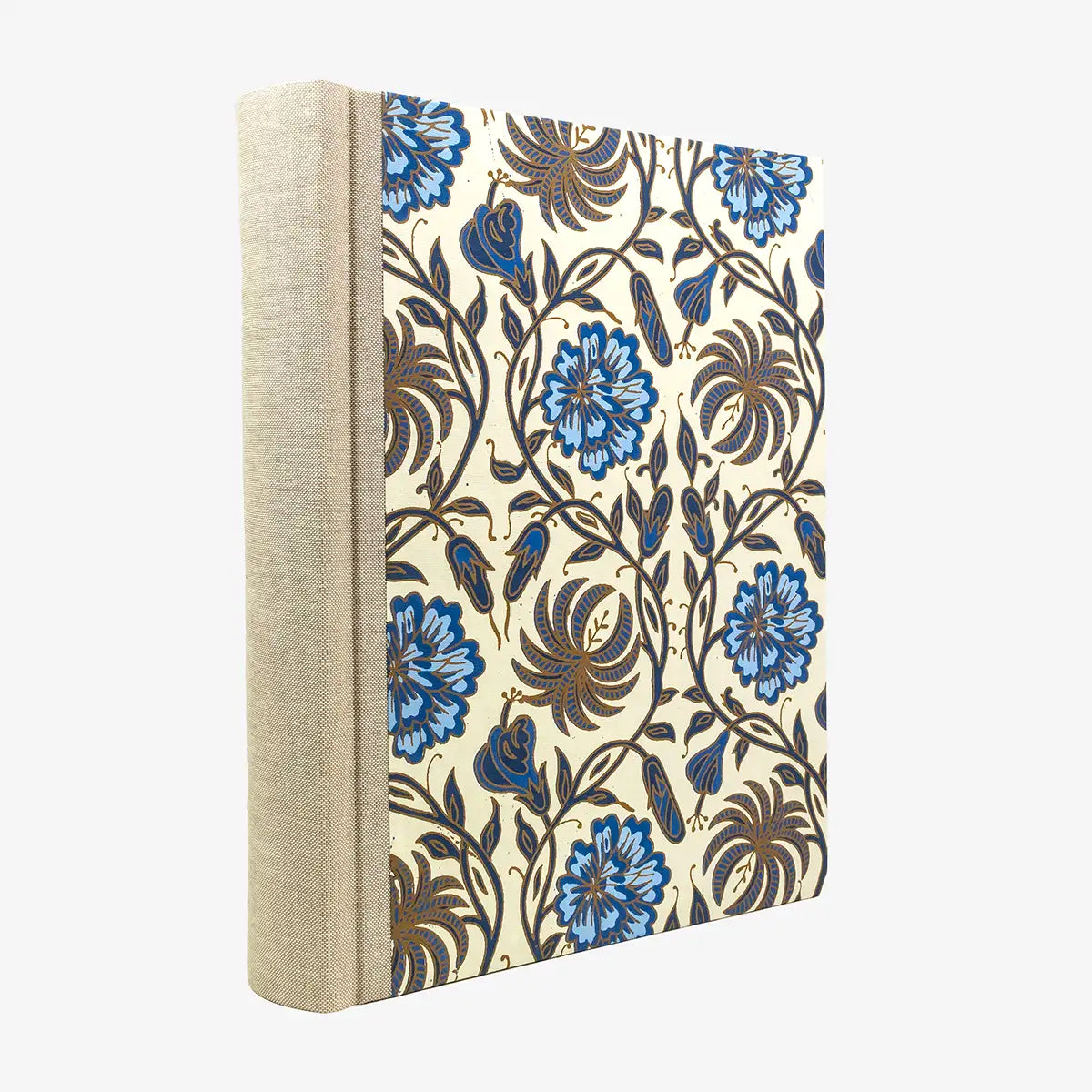 Blaupause-Fotolbum-30x23cm-weisser-Blumenornament-blau-BAumwollpapier-100-Seiten-cover-seitlich-von-hinten