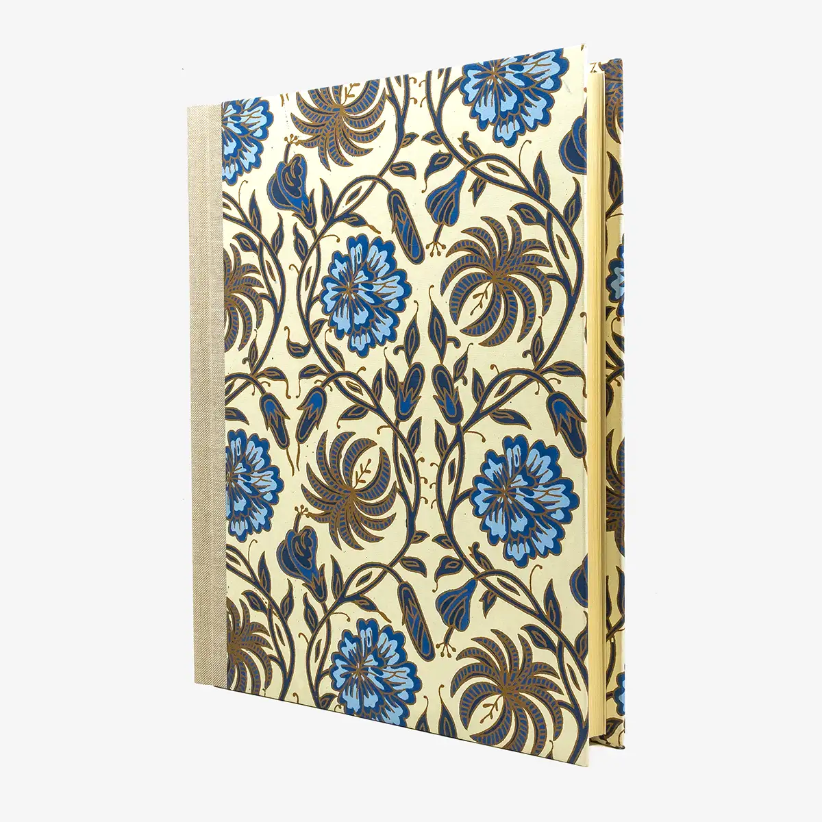 Blaupause-Fotolbum-30x23cm-weisser-Blumenornament-blau-BAumwollpapier-100-Seiten-cover-seitlich-von-vorn-2