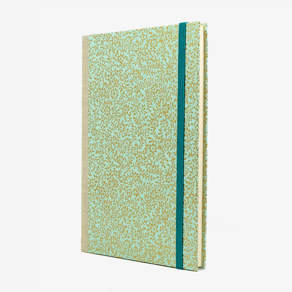 Blaupause-Notizbuch-A5-liniert-144-Seiten-cover-chiyogami-Motiv-Floralesornament-Gold-auf-Mint-seitlich-von-vorn