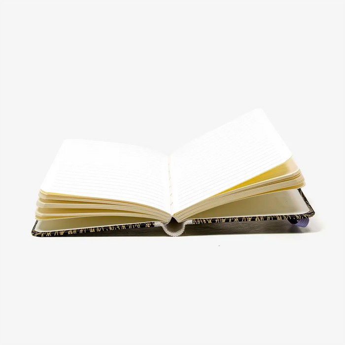 Blaupause-Notizbuch-Format-9x14cm-192Seiten-mit-Chiyogami-bezogen-Motiv-Cover-Schwerter-Gold-auf-schwarz-Buch-aufgeschlagen