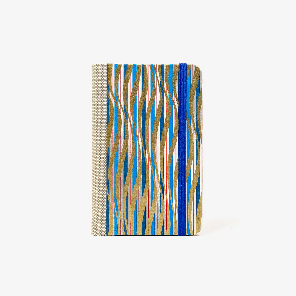 Blaupause-Notizbuch-Format-9x14cm-192Seiten-mit-Chiyogami-bezogen-Motiv-Cover-blau-gold-rot-gewellte-Streifen-no2-Buch-von-vorn