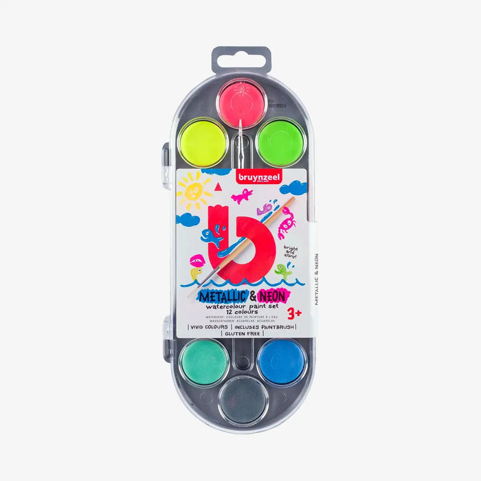 Bruynzeel-Wasserfarben-Malset-Metalic-und-Neon-fuer-Kinder-12-Farben-mit-Pinsel-Wasserfarbenkasten-Produktansicht-vorn