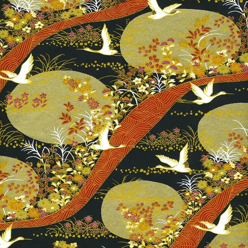 Chiyogami-Papier-754C1-Kraniche-weiss-gold-orange-schwarz-Ausschnitt-1