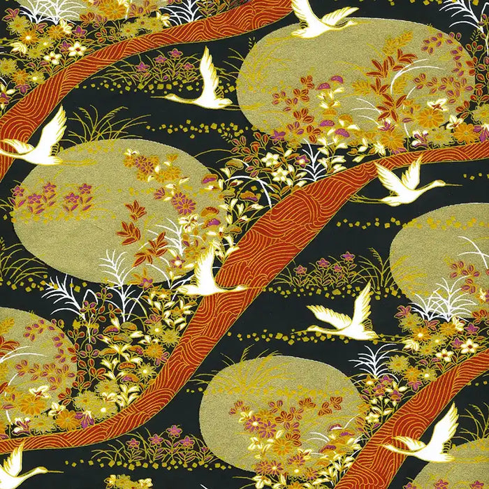 Chiyogami-Papier-754C1-Kraniche-weiss-gold-orange-schwarz-Ausschnitt-1