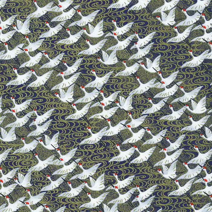Chiyogami-Papier-Animals-1064C_-_Kraniche-weiss-auf-_Wasser-_Gold-Blau-Ausschnitt-1