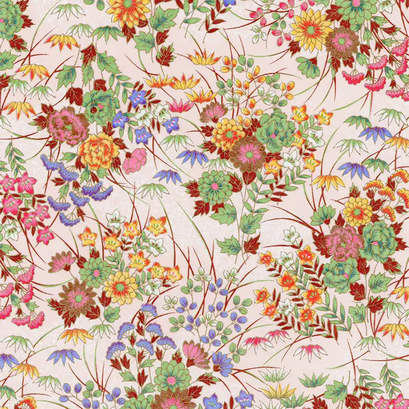 Chiyogami-Papier-botanical-1089C-Blumenbukett-bunt-auf-pink-Ausschnitt-1