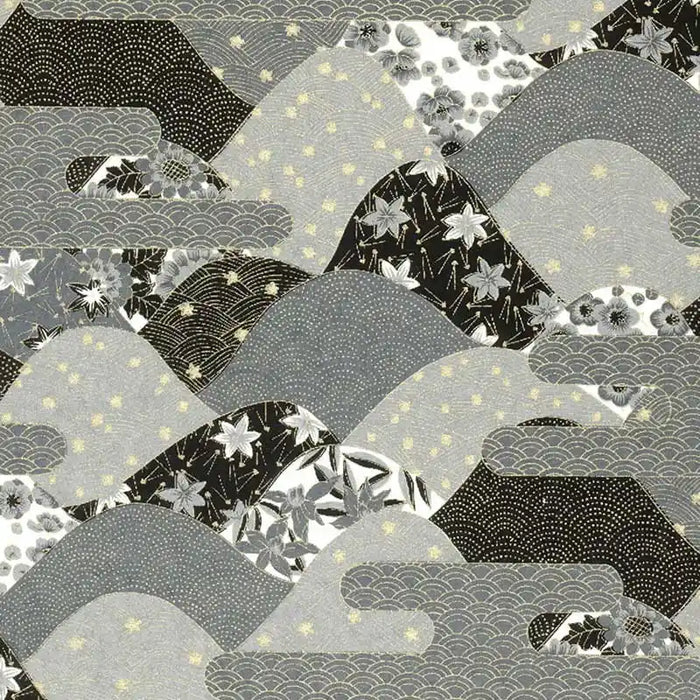 Chiyogami-Papier-botanical-Bogen-30C-Berge-Nebel-grau-gold-Ausschnitt-1