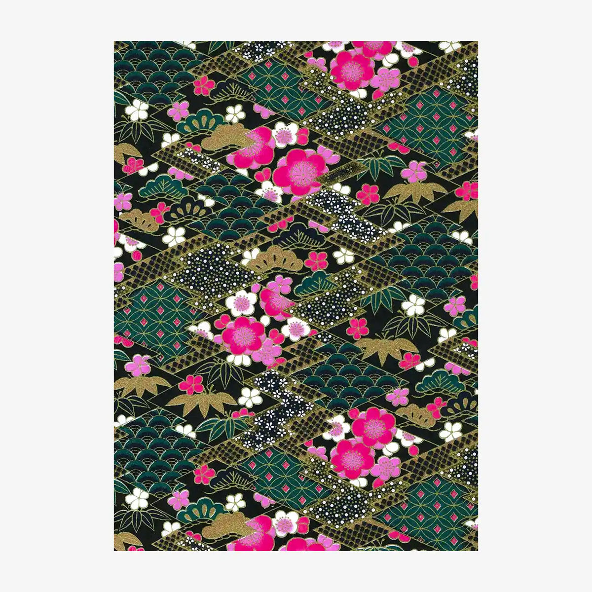 Chiyogami Papier | Floral,geometrisch | Bogen 924C Rauten/grün/gold/pink
