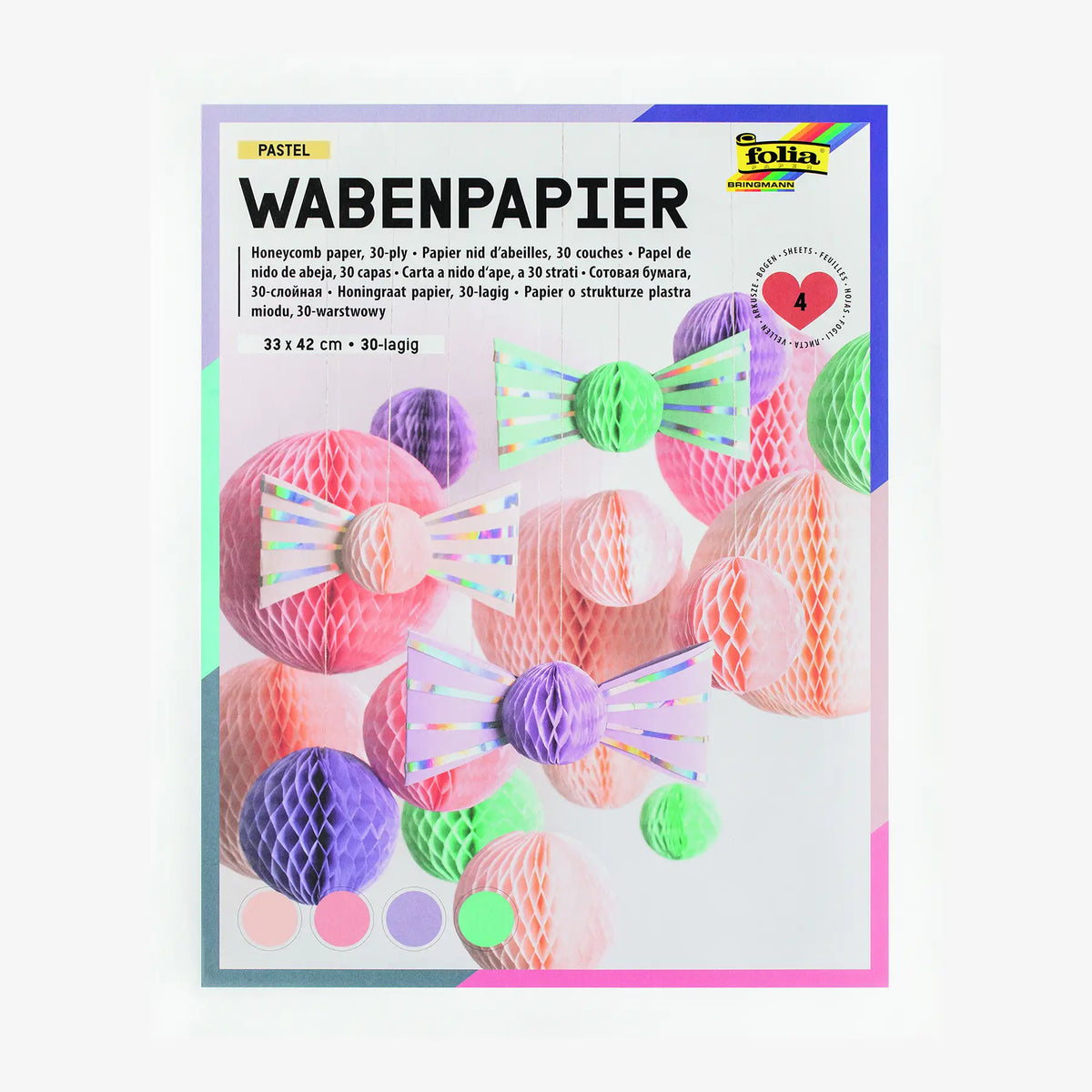 Wabenpapier / PASTEL / 30-lagig / 4 Blatt / farbig sortiert / 21x33cm