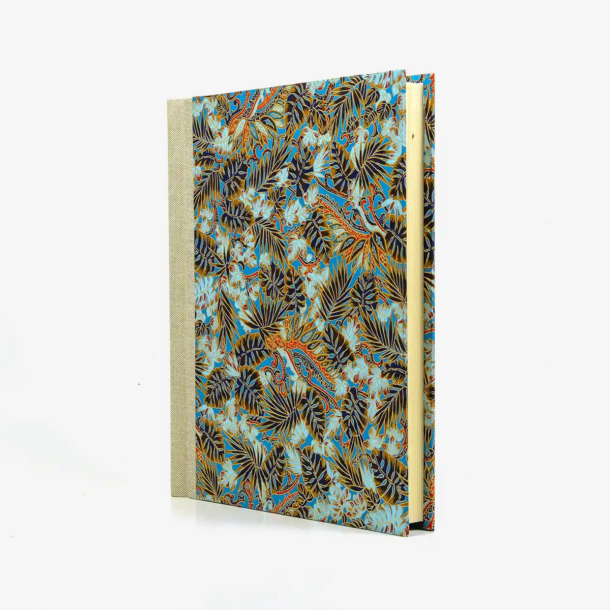 Fotoalbum-24x20cm-60Seiten-creme-Fotokarton-Cover-Chiyogami-Motiv-Monstera-blau-seitlich-von-vorn