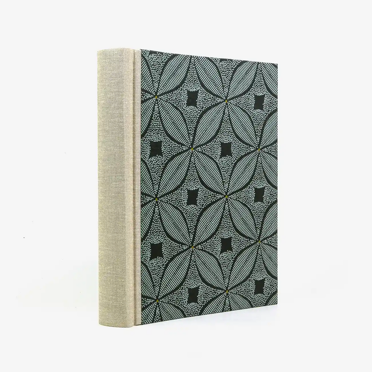Fotoalbum-24x20cm-60Seiten-schwarzer-Fotokarton-Cover-Baumwollpapier-Motiv-Blumenornament-Tuerkis-seitlich-von-hinten