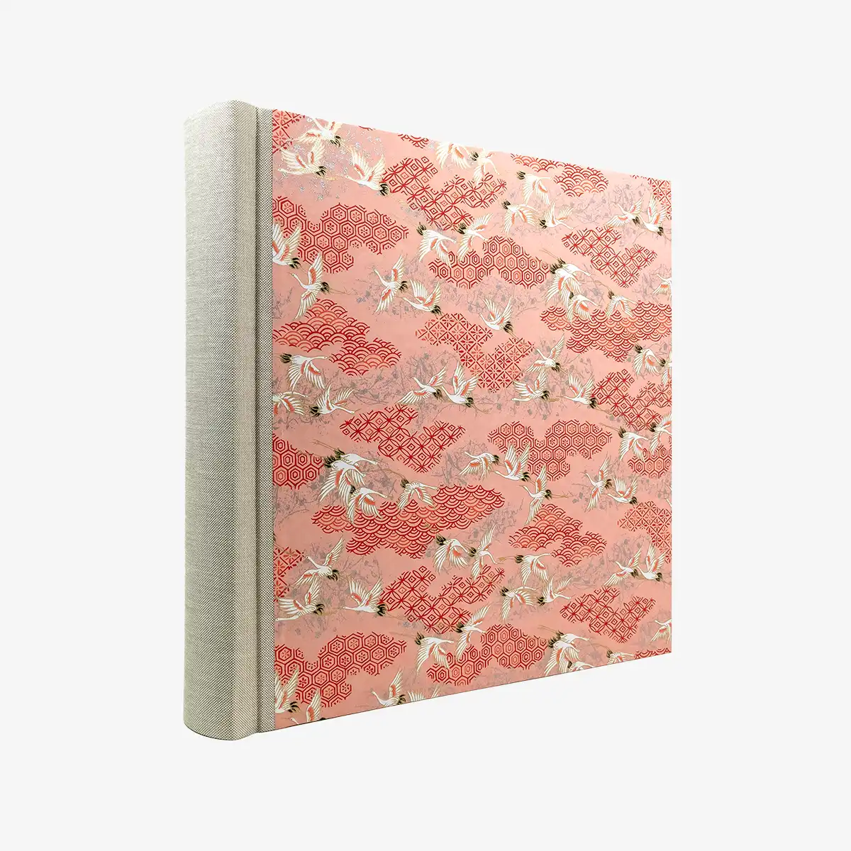 Fotoalbum-30x30cm-100Seiten-cover-chiyogamipapier-Motiv-Kraniche-aufrot-pink-seitlich-von-hinten
