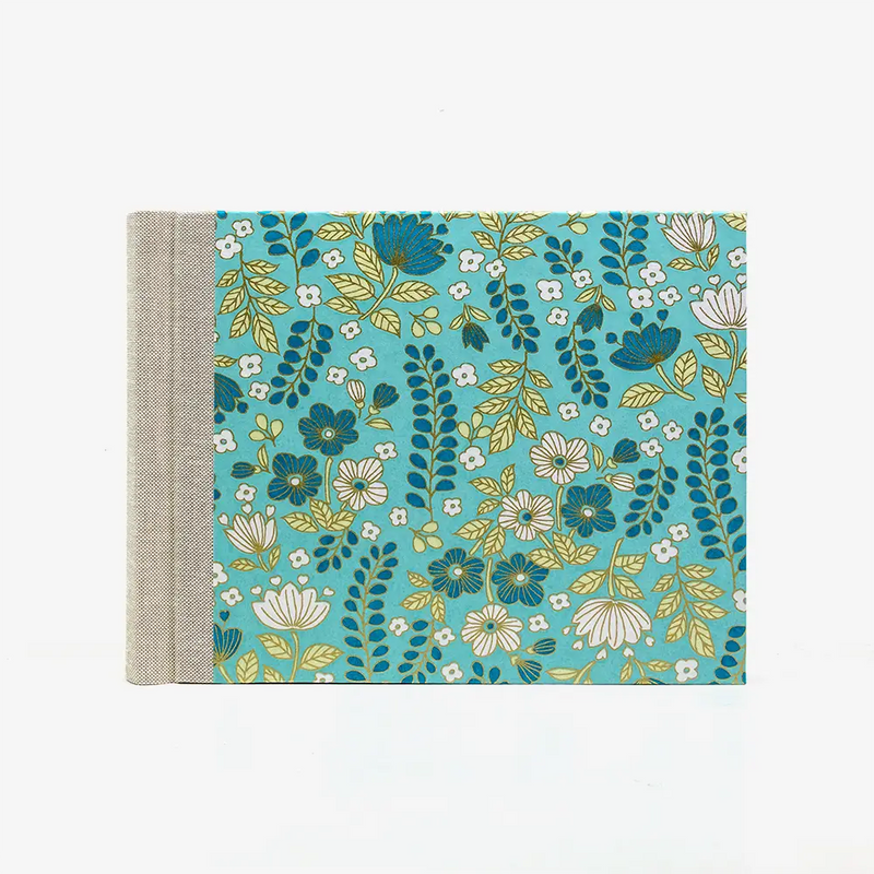 Fotoalbum-Format-15x20cm-60Seiten-schwarzer-Fotokarton-Cover-Chiyogami-Motiv-Floral-Grafisch-auf-Tuerkis-von-vorn
