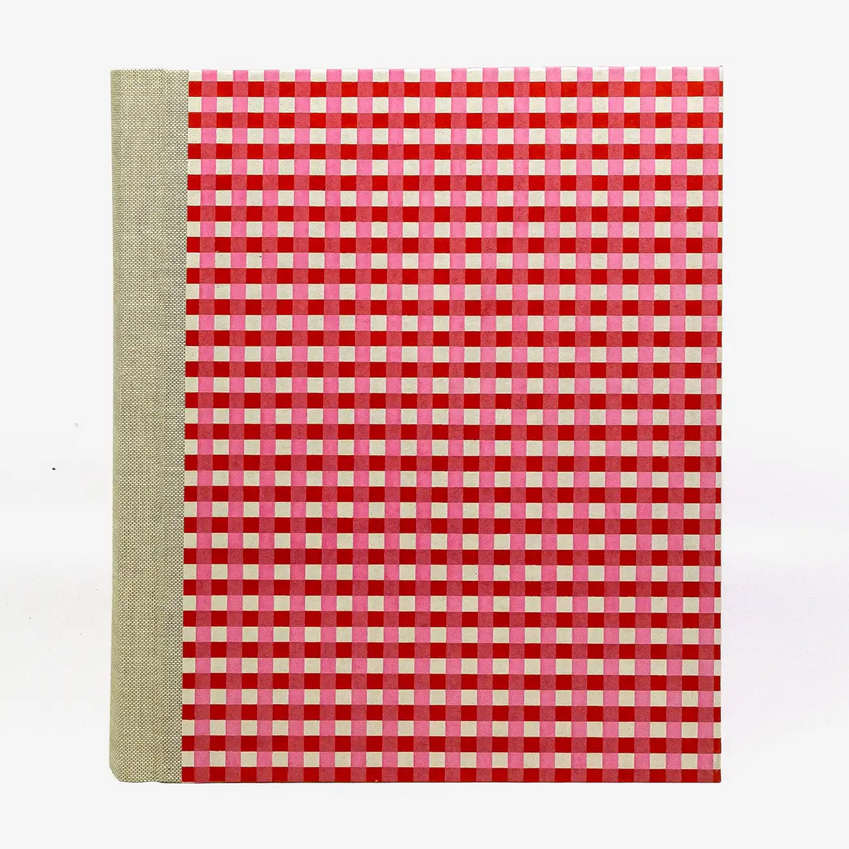 Fotoalbum-Format-24x20cm-60Seiten-creme-Fotokarton-Cover-Chiyogami-Motiv-Karos-rot-rosa-weiss-von-vorn