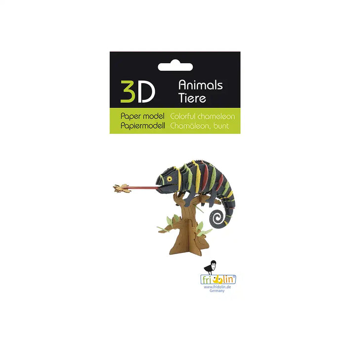 Fridolin-3D-Modell-Chamaeleon-Spezialkarton-gelasert-bunt-Verpackung-Vorderansicht