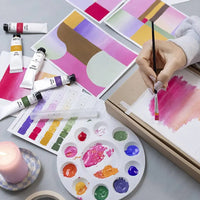 Gouache-Kreativ-box-6-tuben-Farbe-aqaurellpapier-Palette-pipette-Anleitung-Kreppband-Pinsel-Inhalt-Beispielfoto