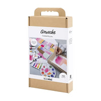 Gouache-Kreativ-box-6-tuben-Farbe-aqaurellpapier-Palette-pipette-Anleitung-Kreppband-Pinsel-Verpackung-Vorderseite-seitlich