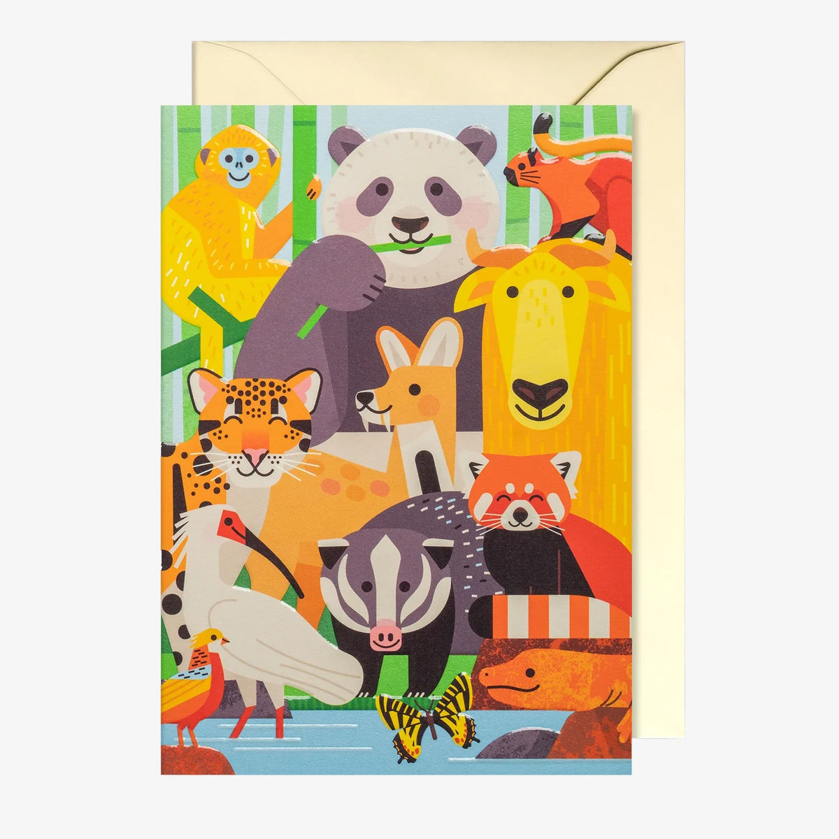 Grusskarte-Klappkarte-A6-Lagom-Grusskarte-AllisonBlack-Friends-of-the-Bamboo-Forest-Produktansicht-mit-umschlag