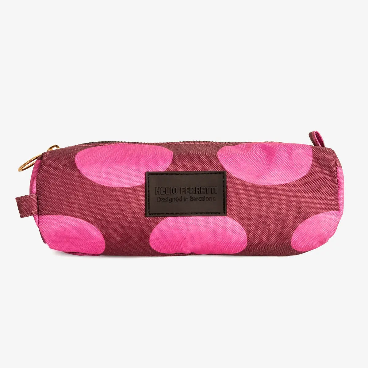 Helio-Ferretti-Stiftetasche-Pinke-grosse-punkte-auf-winerot-Prouktansicht-seitlich