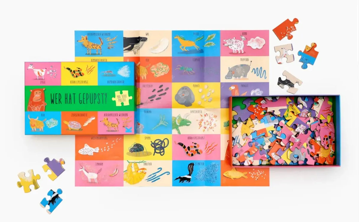 Kartenspiel-Laurence-king-verlag-Wer-hat-gepupst-Ein-100-Teile-Puzzle-verpackung-cover-von-vorn-mit-Inhalt-3
