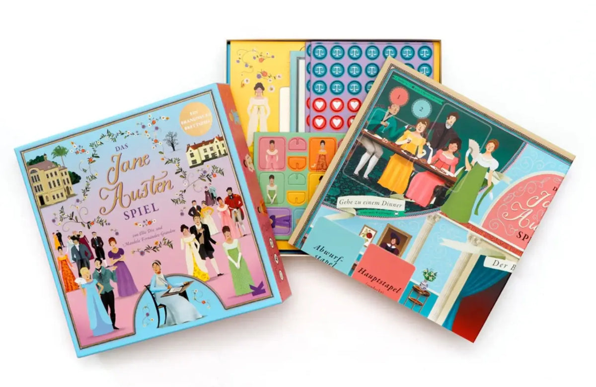 LAurence-KIing-verlag-Das-Jane-Austen-Spiel-Ein-brandneues-Brettspiel-Box-geöffnet-mit-inhalt-Produktansicht-vorn-1