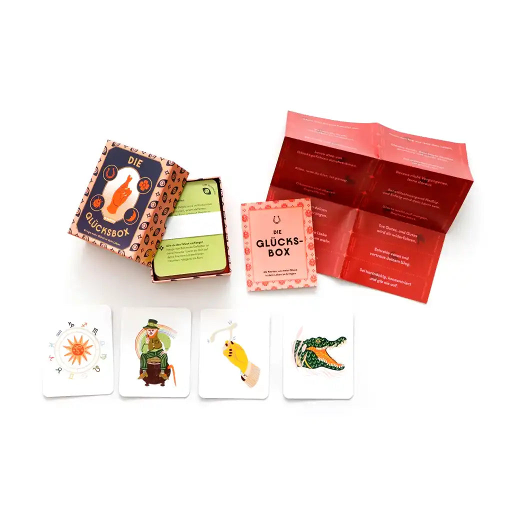 Laurence-King-Verlag-DieGluecksbox-Kartensoiel-Selbstfuersorge-Verpackung-Box-geöffnet-Anleitung+KArten