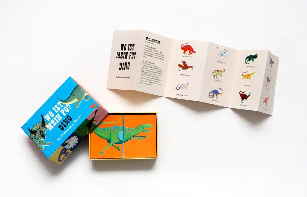 Laurence-King-Verlag-Wo-ist-mein-Po-Dino-Memo-Spiel-Verpackung-geöffnet-mit-Anleitung-Produktansicht-Vorn
