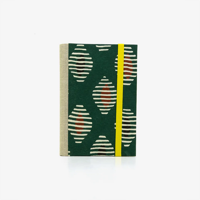 Notizbuch-blanko-9x14cm-224seiten-cover-mit-Katazome-Shi-Motiv-aBSTRAKTES-eYE-dESIGN-GRUeN-vorn