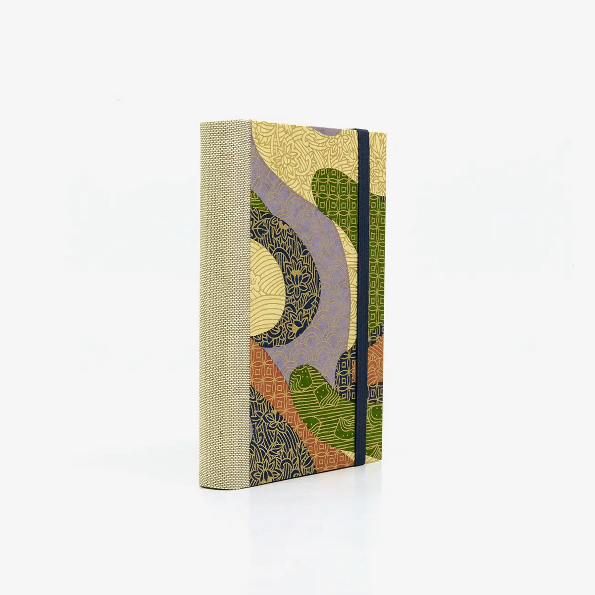 Notizbuch-blanko-9x14cm-224seiten-cover-mit-chiyogami-Motiv-Colourshapes-with-golden-Pattern-seitlich-hinten