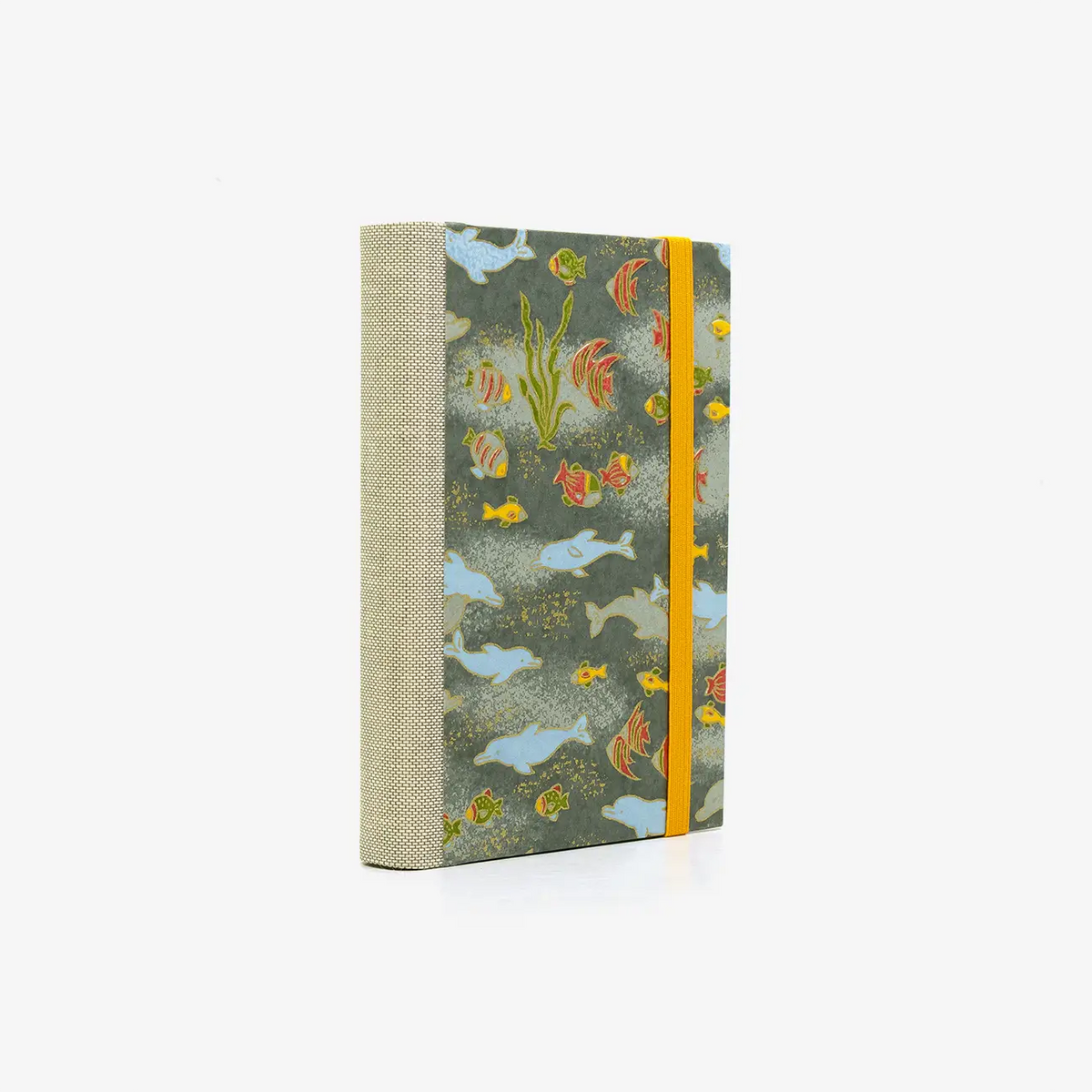 Notizbuch-blanko-9x14cm-224seiten-cover-mit-chiyogami-Motiv-Fische-grau-seitlich-hinten