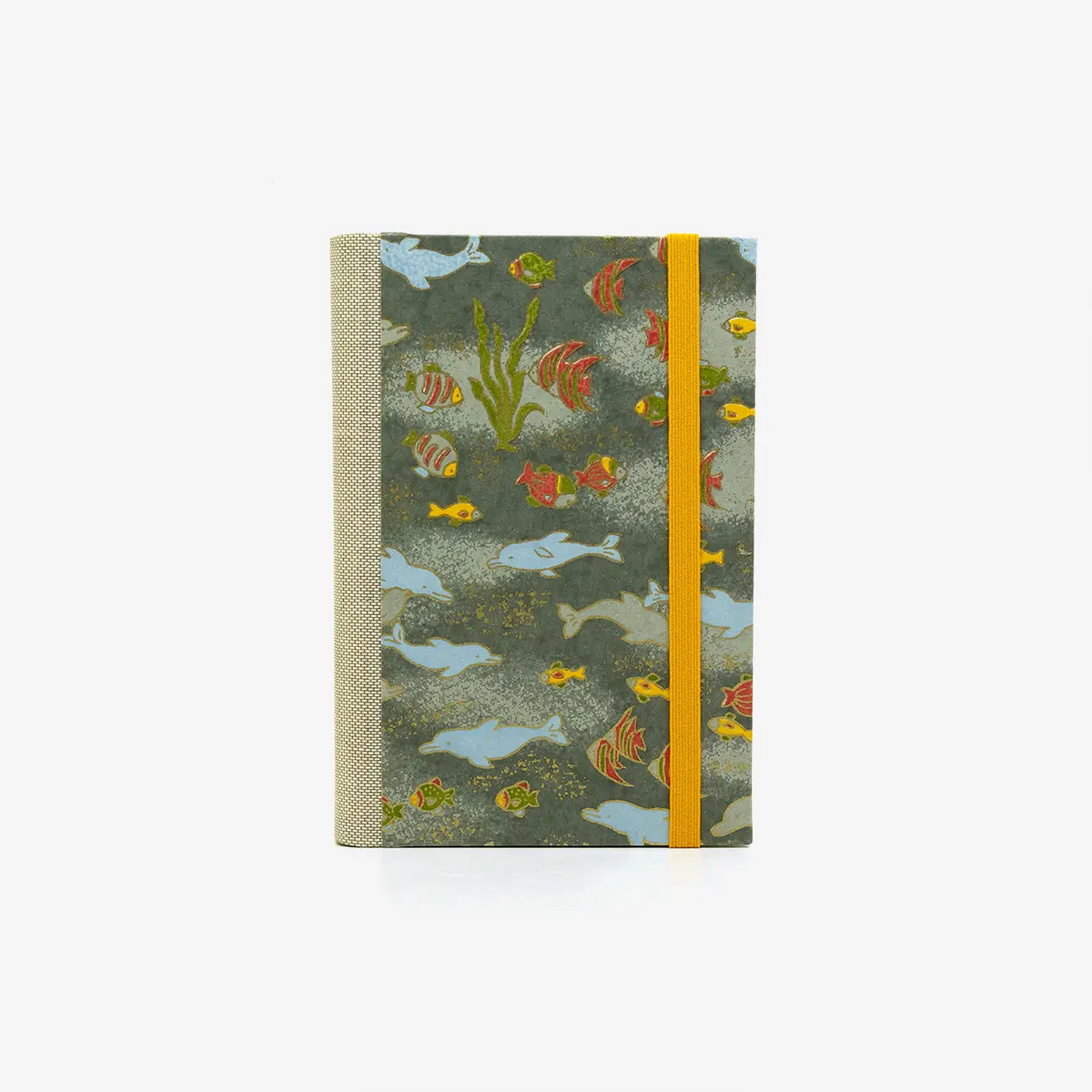 Notizbuch-blanko-9x14cm-224seiten-cover-mit-chiyogami-Motiv-Fische-grau-vorn