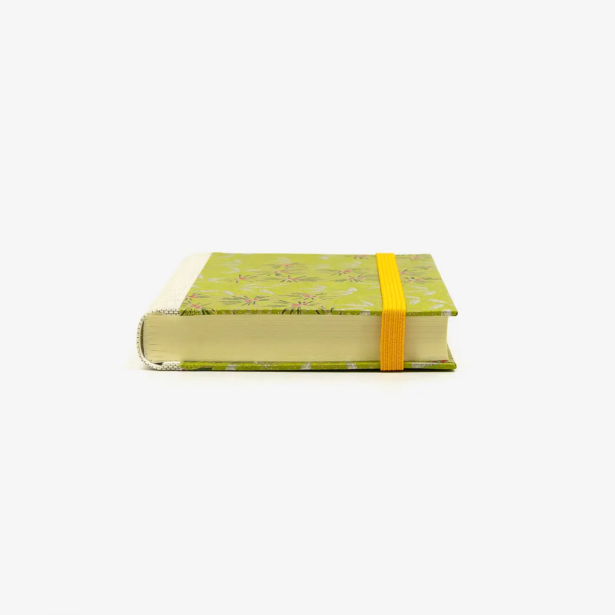 Notizbuch-blanko-9x14cm-224seiten-cover-mit-chiyogami-Motiv-Kiefern-gruen-liegend-vorn