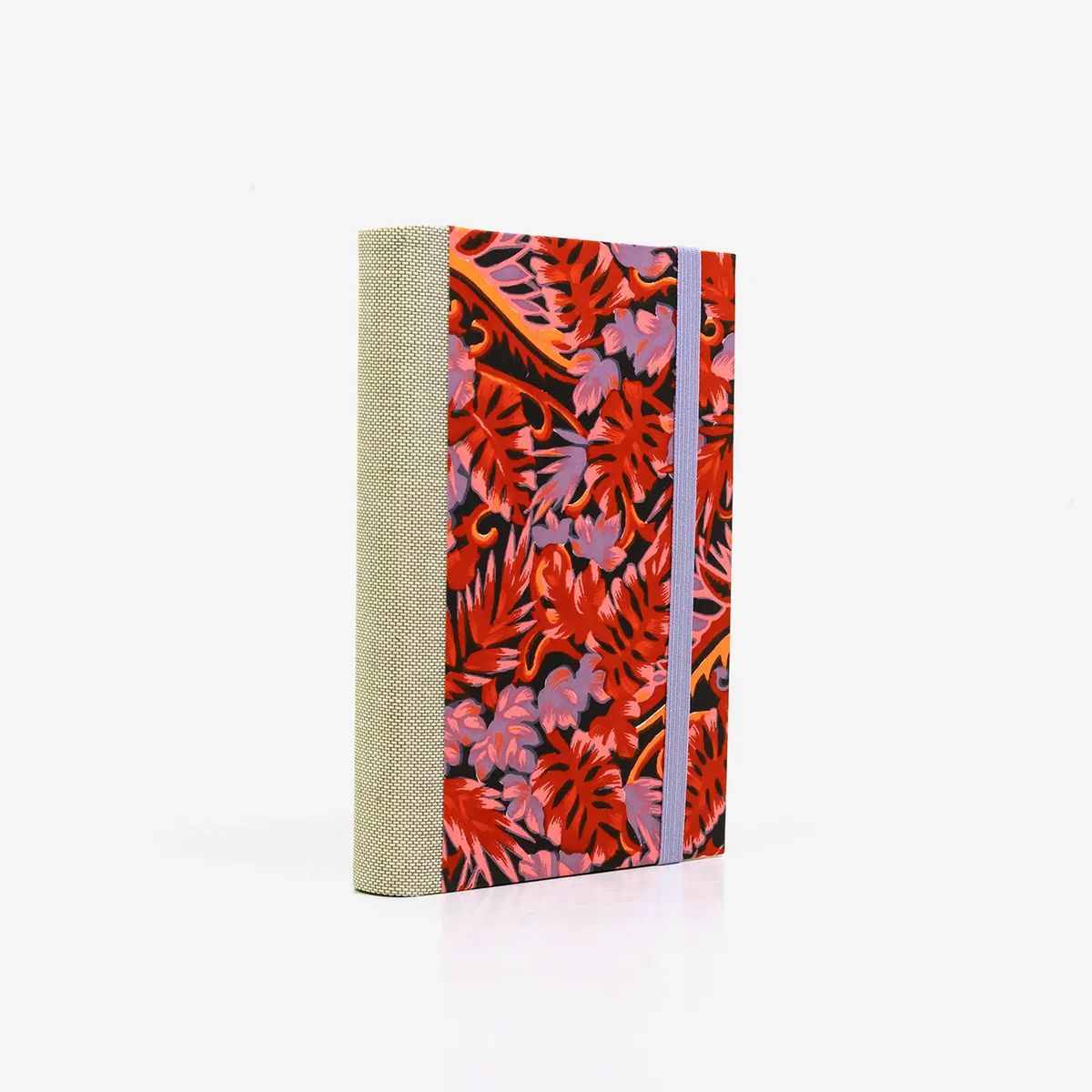Notizbuch-blanko-9x14cm-224seiten-cover-mit-chiyogami-Motiv-Monstera-rot-seitlich-hinten