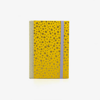 Notizbuch-blanko-9x14cm-224seiten-cover-mit-chiyogami-Motiv-Polka-Dots-gold-auf-gelb-vorn