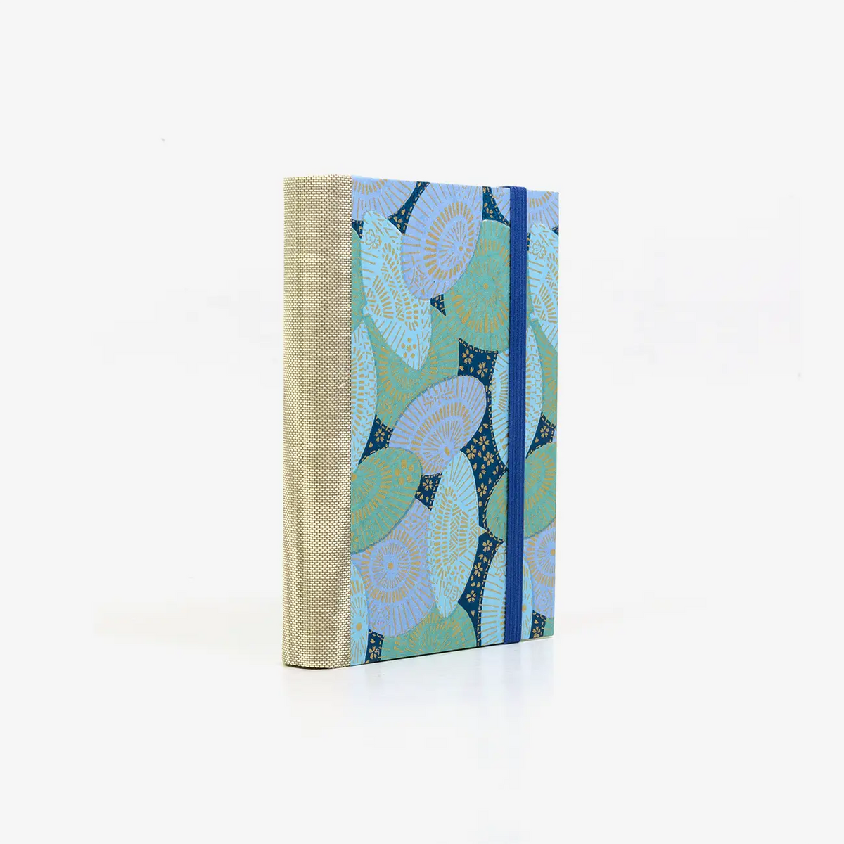 Notizbuch-blanko-9x14cm-224seiten-cover-mit-chiyogami-Motiv-Sonnenschirme-blau-Seitlich-hinten