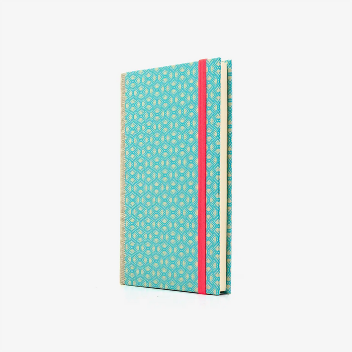 Notizbuch-liniert-A6-Blaupause-144seiten-mit-Siebdruckpapier--cover-bezogen-Motiv-Muster-Mint-cover-seitlich-von-vorn