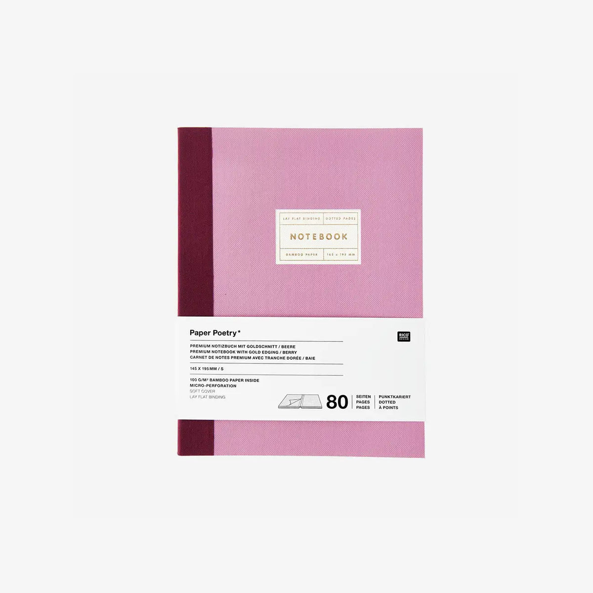 Rico-Design-Notizbuch-dotted-GroesseS-Beere-80Seiten-100gm2-Goldschnitt-cover-von-vorn-mit-Banderolle