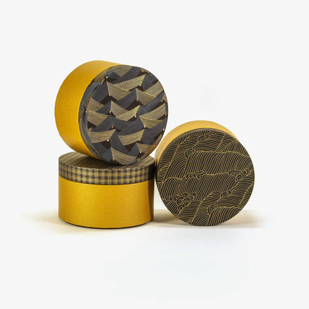 Rundschachteln / Chiyogami / Karo gold auf braun