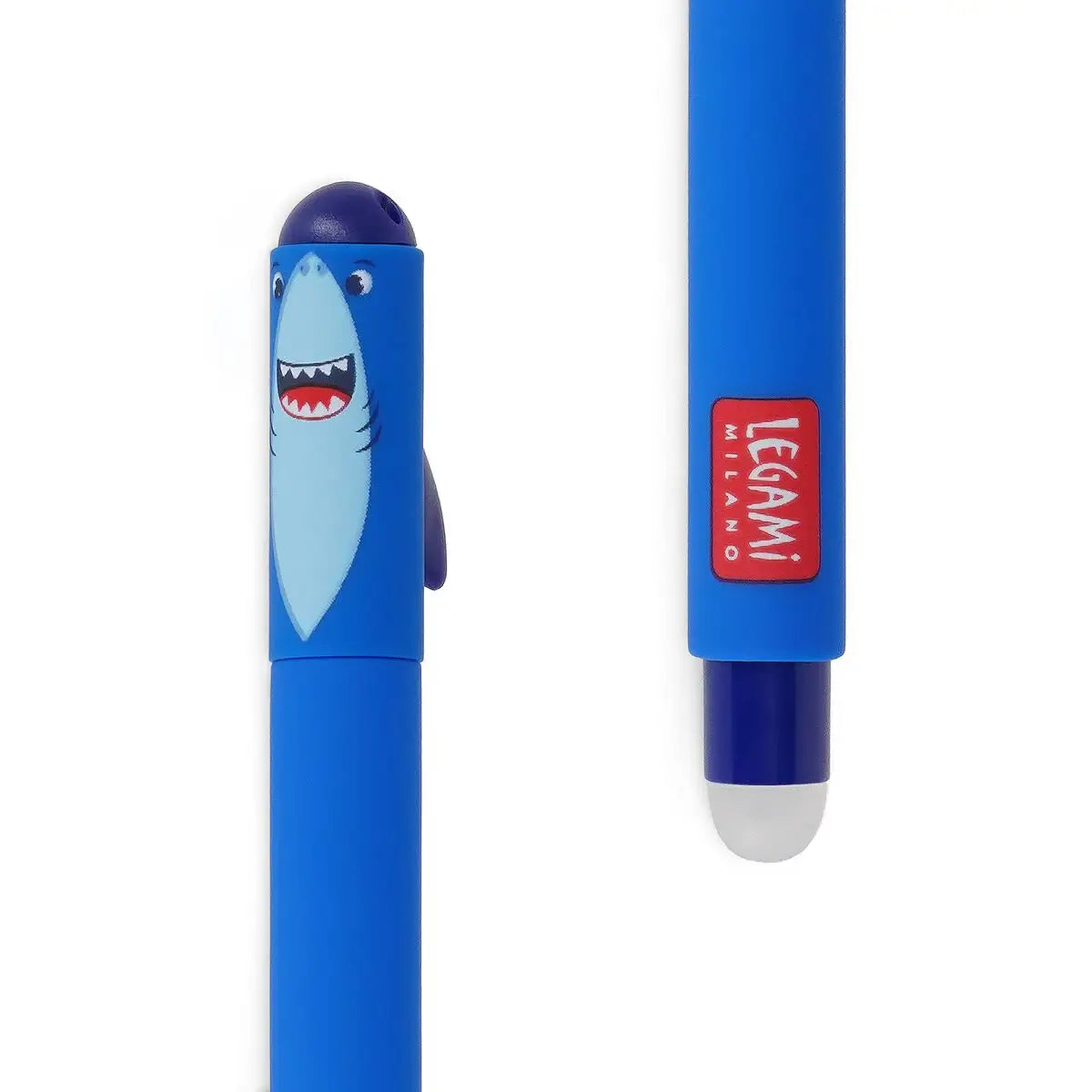 Legami-Loeschbarer-_Gelstift_-_Erasable_-shark-Tintenfarbe-blau-Produktansicht-KAppe-und-Radiergummi